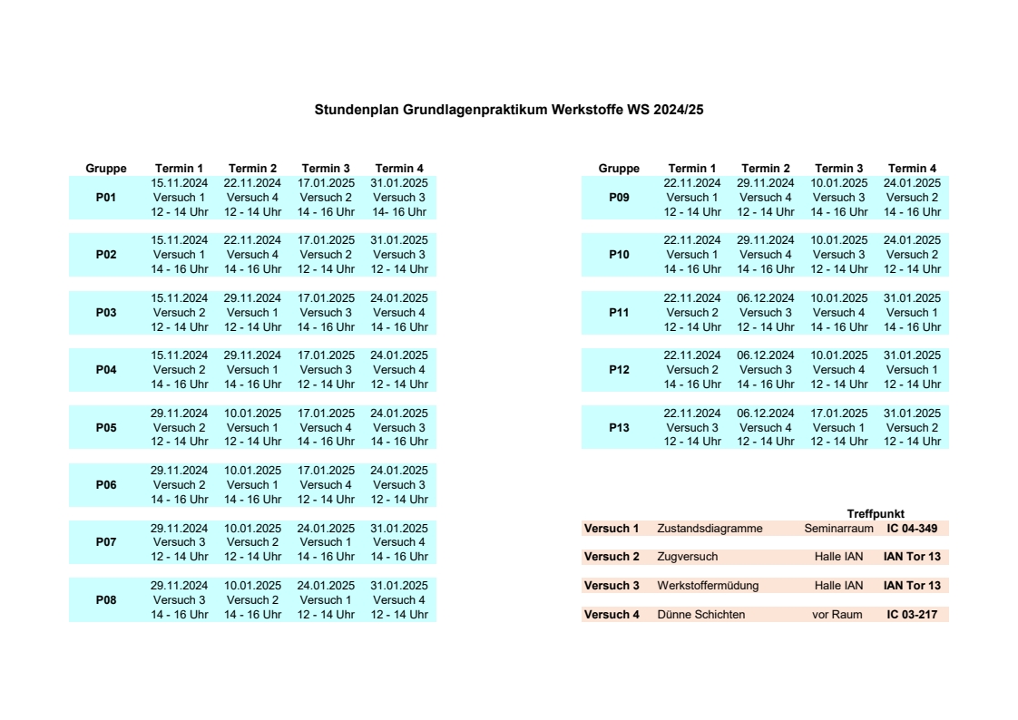 Stundenplan Werkstoffpraktikum WiSe 2024/25