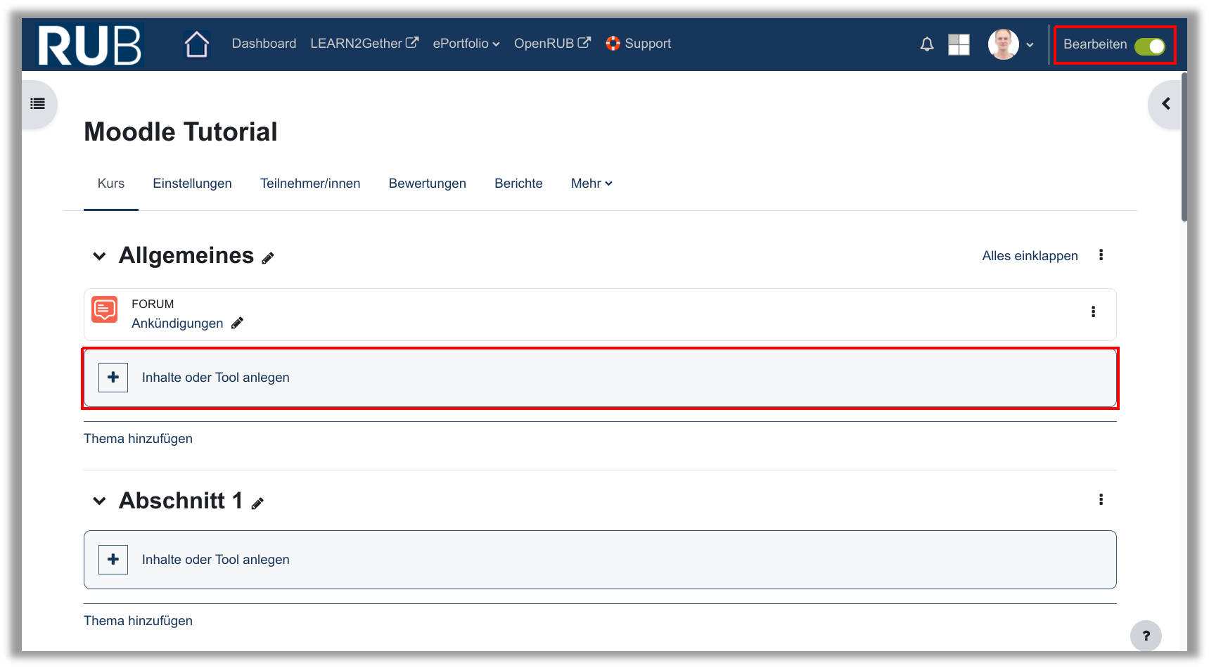 Einschalten der Bearbeitung eines Moodle-Kurses und das Hinzufügen eines Tools