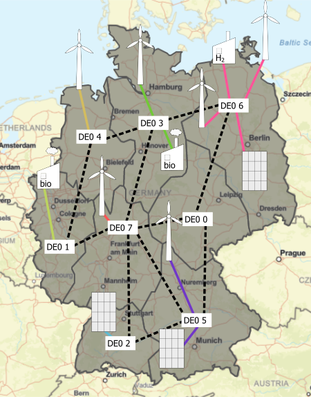 A map of Germany, divided into 8 parts named DE0 0 to DE0 7 with connections and some power plants