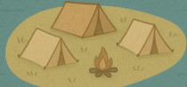 Es ist ein Camp zu sehen in dem drei Zelte um ein Lagerfeuer angeordnet sind