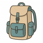 Es ist ein Reiserucksack in beige mit türkisen Seitentaschen zu sehen