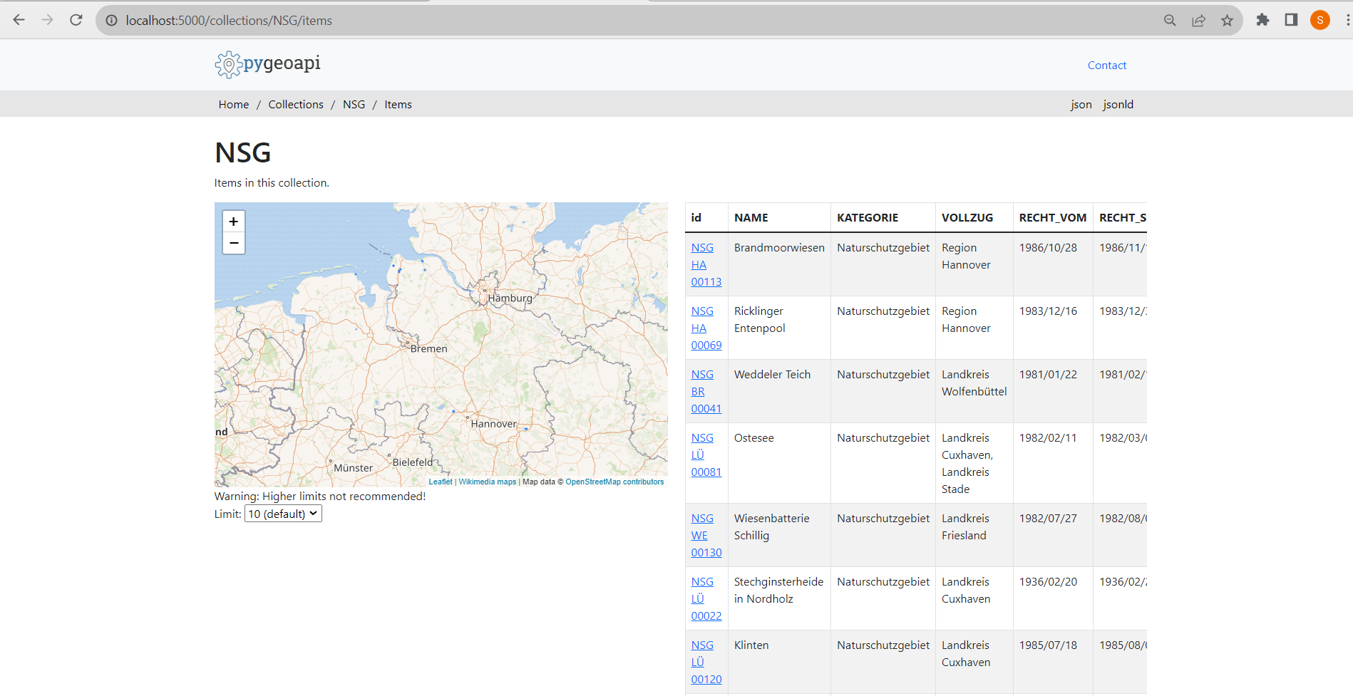 HTML map and table with data on protected sites