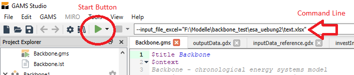 GAMS studio with marked start button and command line