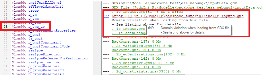 Display of domain violation error in the process log on the right, on the left display of marked table responsible for error.