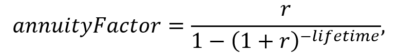 equation: annuityFactor = r/(1-(1+r)^(-lifetime))