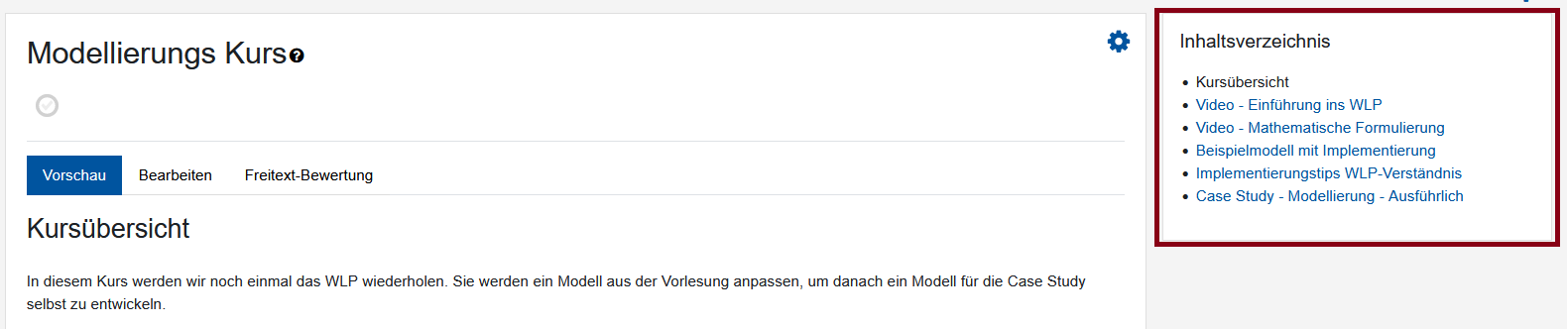 Darstellung der Moodle Seite mit einem Highlight wo das Inhaltsverzeichnis zu finden ist