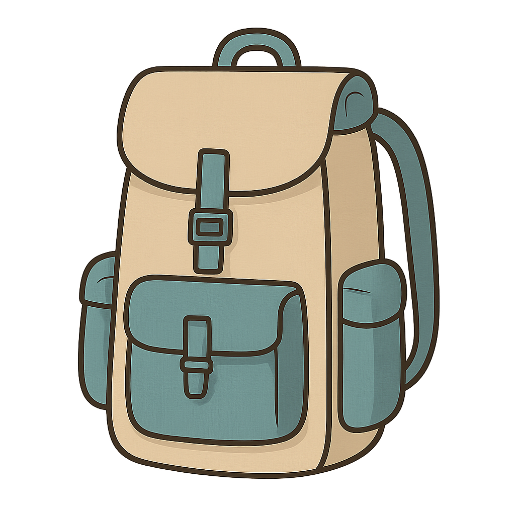 Es ist ein beiger Rucksack mit türkisen Trägern und Seitentaschen abgebildet.