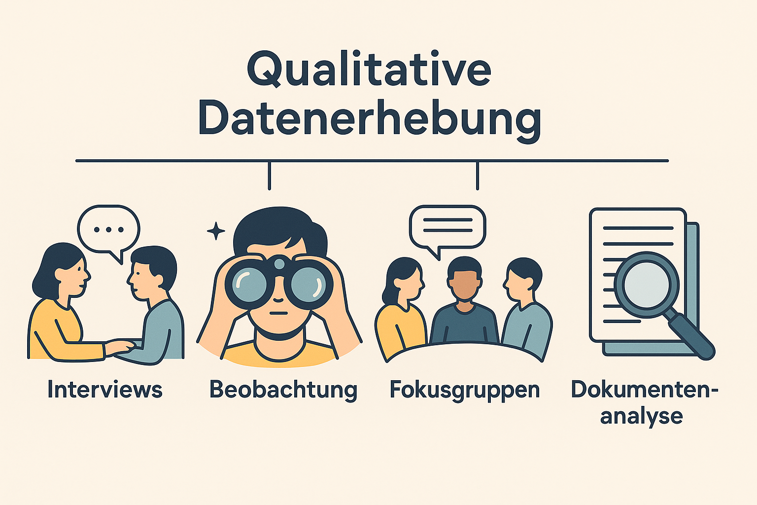 Dekoratives Titelbild das die qualitativen Datenerhebungsmethoden Interview, Beobachtung, Fokusgruppe und Dokumentenanalyse darstellt. Mit KI erstellt.